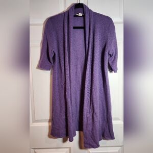 White + Warren Purple Cozy 100% Cashmere Short Sleeve Cardigan Sweater L